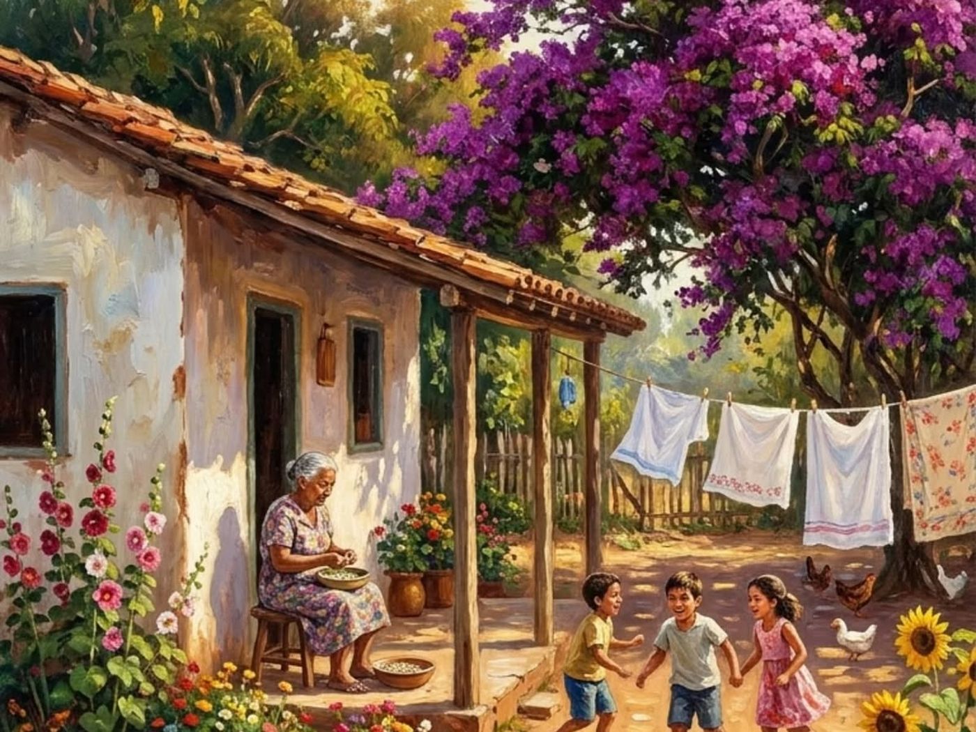 Casa simples de telhado de barro, cercada de flores, roupa no varal e crianças brincando.