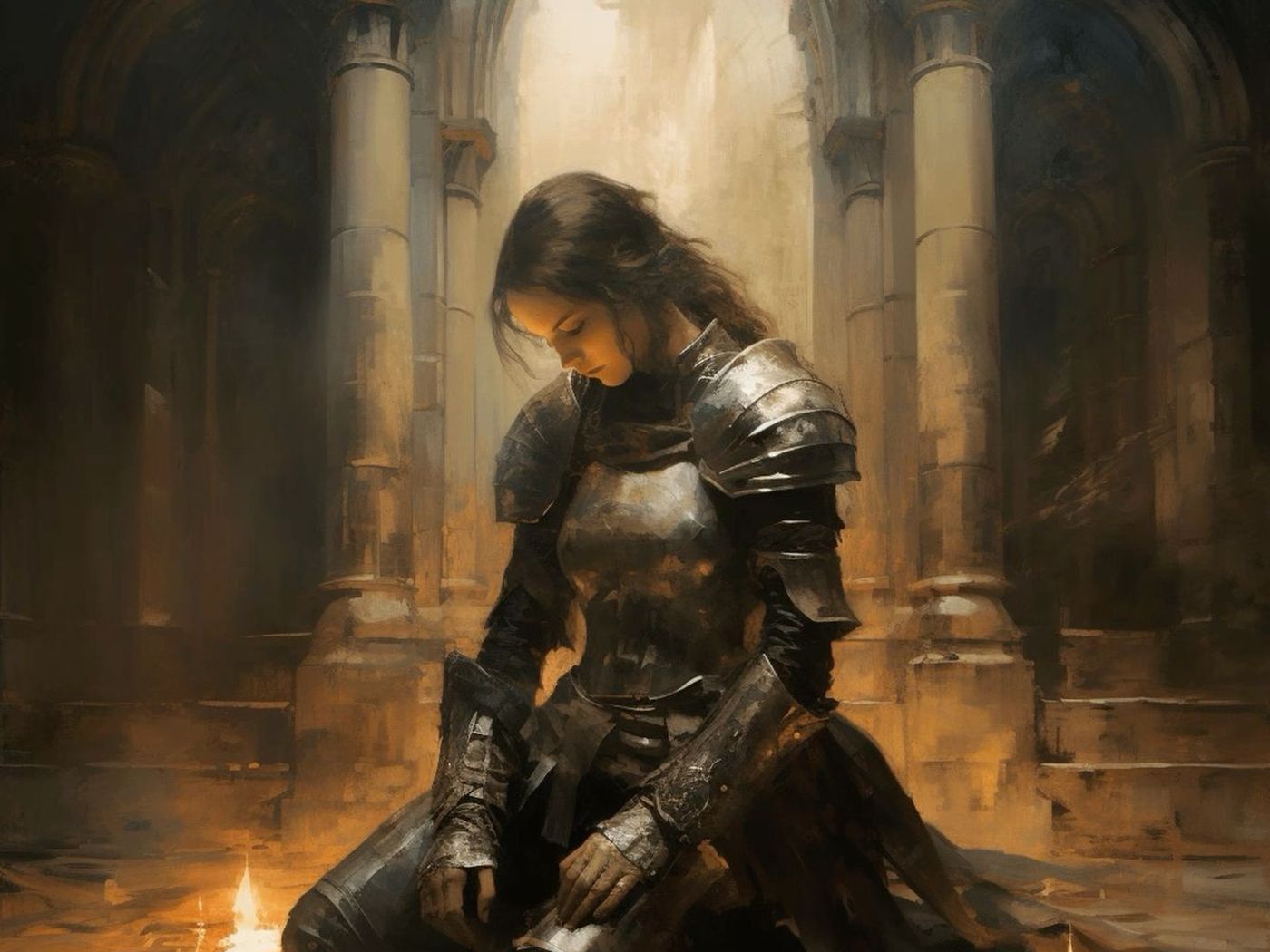 Mulher de armadura ajoelhada no chão de um salão antigo, à luz de velas.