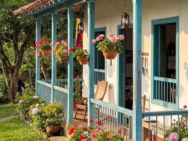 Varanda de uma casa colorida cercada de plantas e flores, em um dia claro.