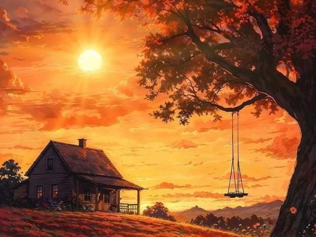 Balanço pendurado em uma grande árvore diante do pôr do sol, sobre um campo florido.