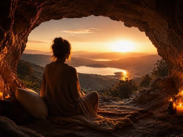 Pessoa sentada na boca de uma caverna, observando o sol se pôr sobre a água.