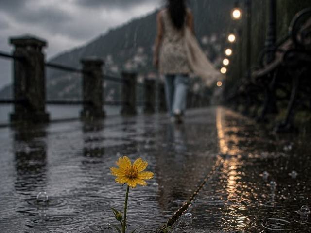 Pequena flor amarela brotando de uma fenda no asfalto molhado pela chuva.