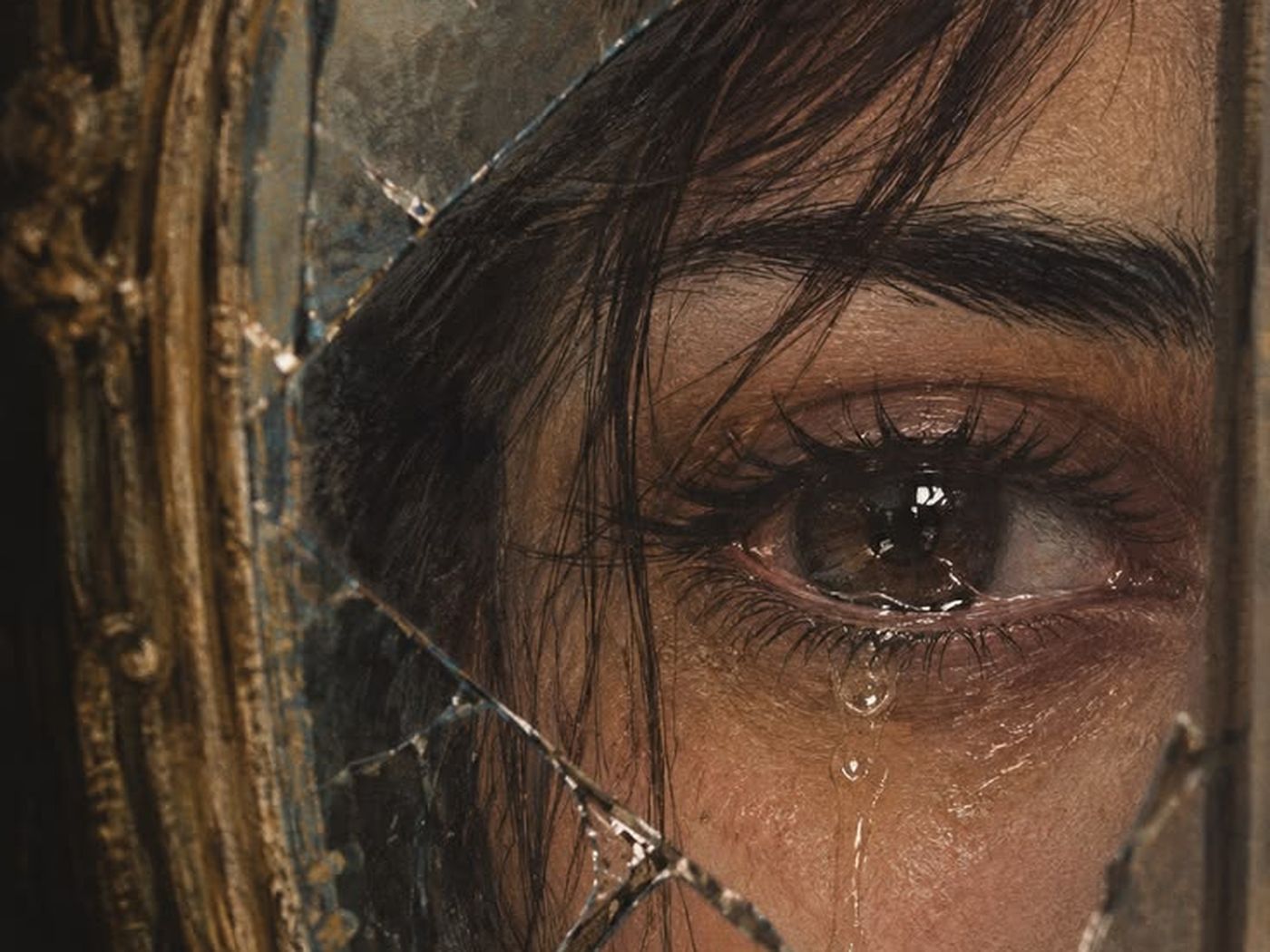 Rosto de uma mulher com o olhar marejado, refletido em um espelho rachado.