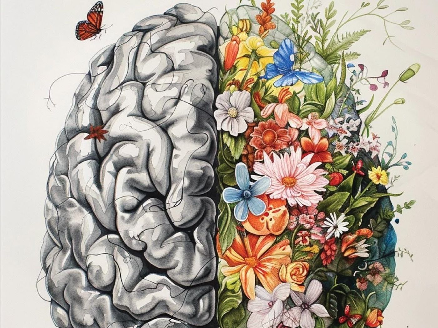 Ilustração de um cérebro: metade em traço técnico, metade tomada por flores e borboletas.
