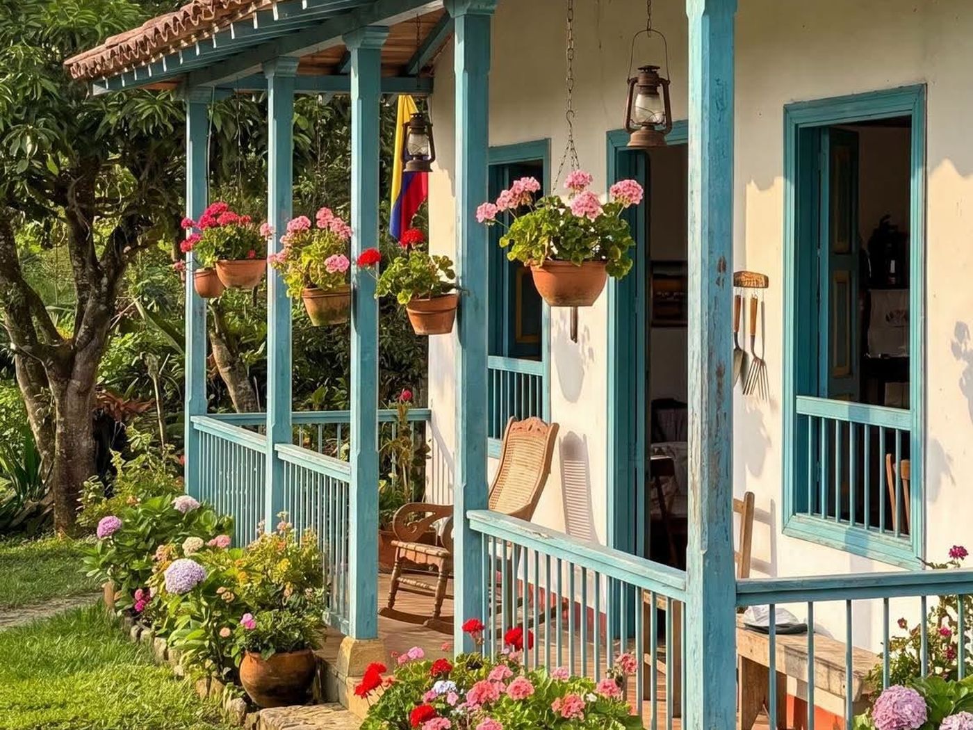 Varanda de uma casa colorida cercada de plantas e flores, em um dia claro.