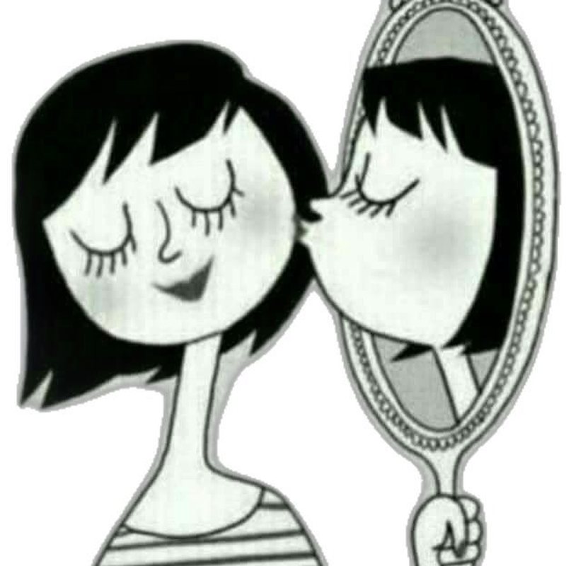 Desenho de uma mulher beijando o próprio reflexo em um espelho de mão.