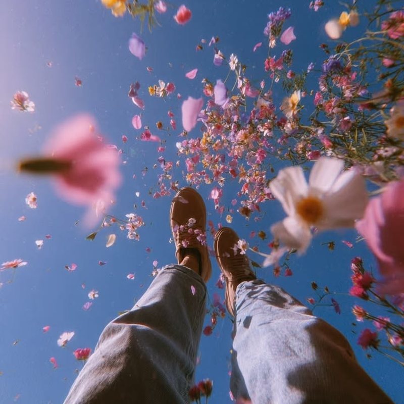 Pés para o alto em meio a flores e pétalas coloridas contra o céu azul.