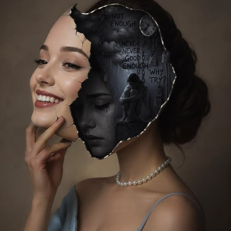 Mulher sorrindo com uma máscara que se parte e revela, por baixo, um rosto em lágrimas.