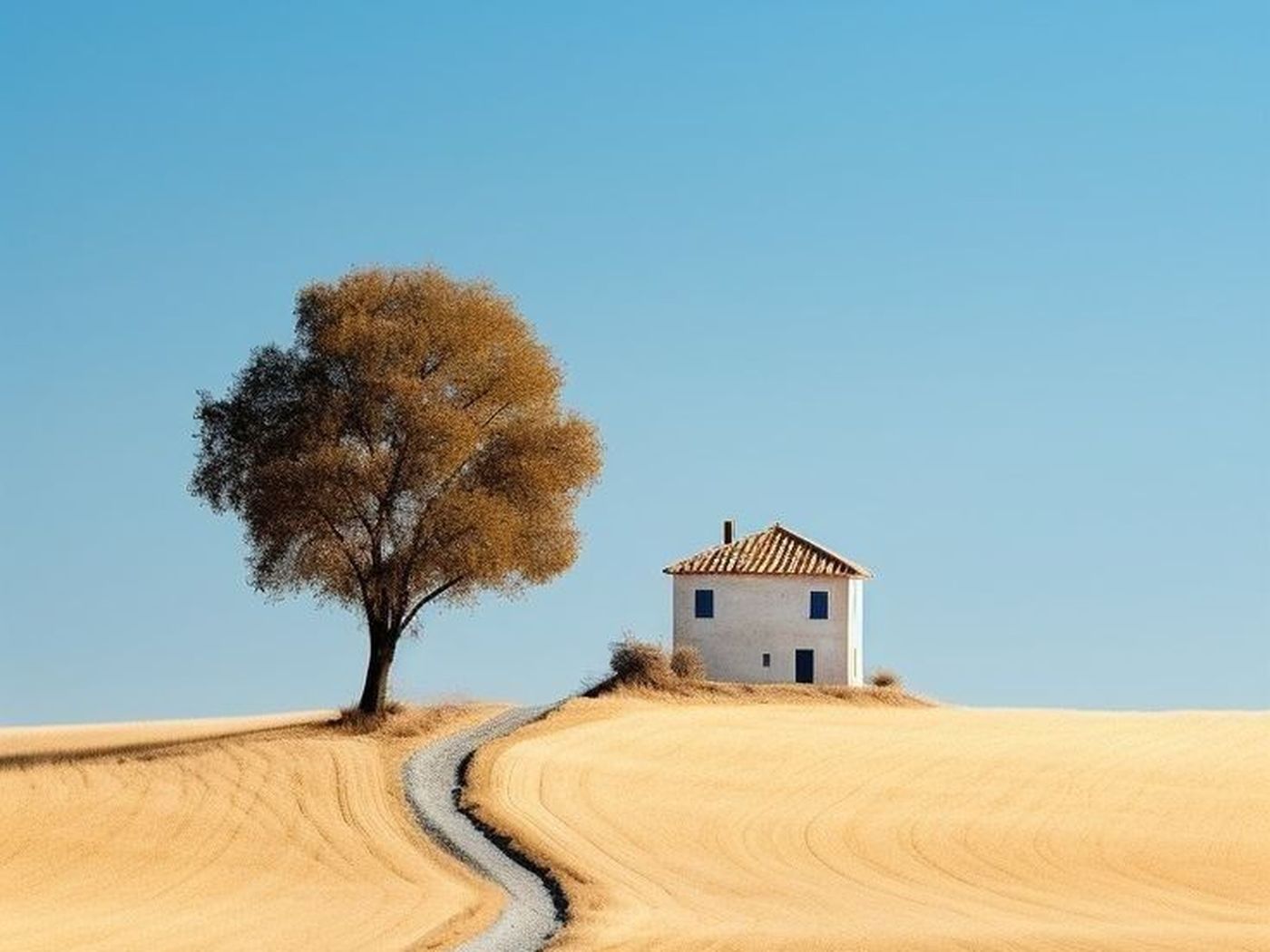 Uma árvore solitária e uma casa simples ao fim de um caminho, sob o céu aberto.